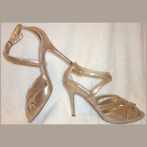 NINA NWB 6B LEATHER GOLD SPARKLE OPEN-TOE STRAPPY HIGH HEEL PUMPS 4" HEEL, NEW